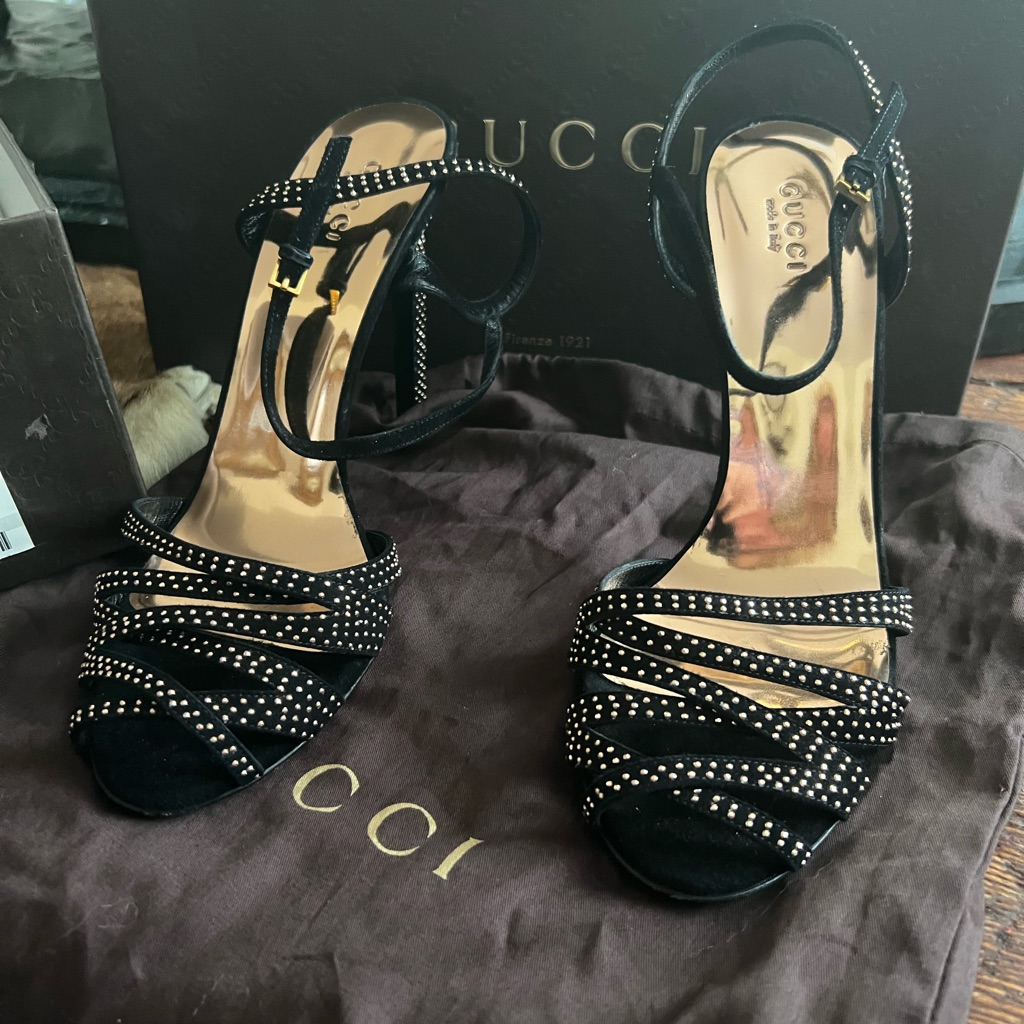 Gucci Black Suede Fleur Studded Sandals 37 1/2
